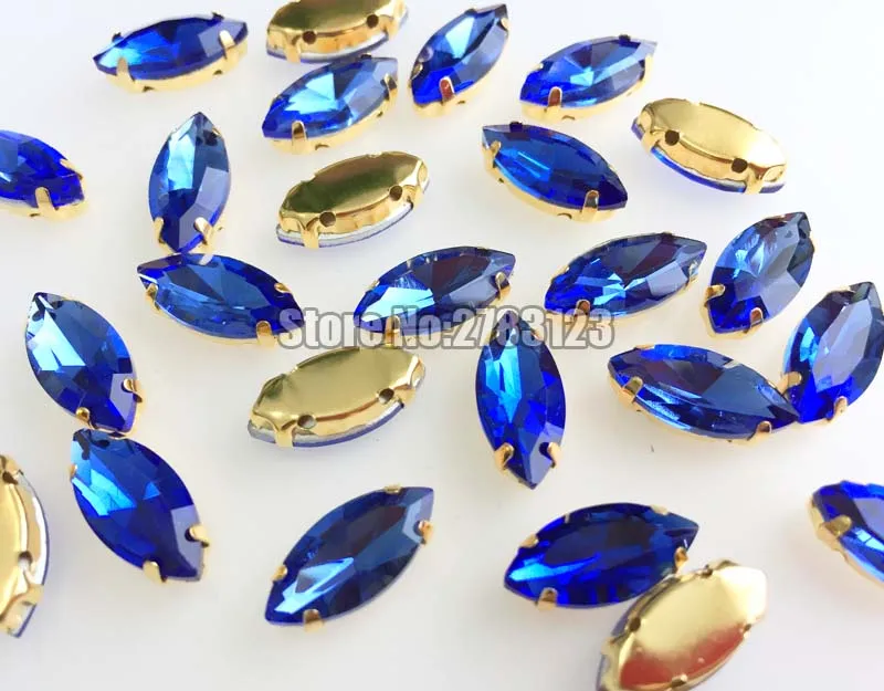 Horse eye shape light blue Glass Crystal Gold bottom sew on claw rhinestones with holes Sewing On Garment SWMJ014