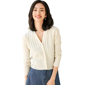 

LHZSYY Women's 2019 Spring New Cashmere Cardigan V-neck Sweater Fashion Solid color Wool Knit Jacket Short Wild Blouse