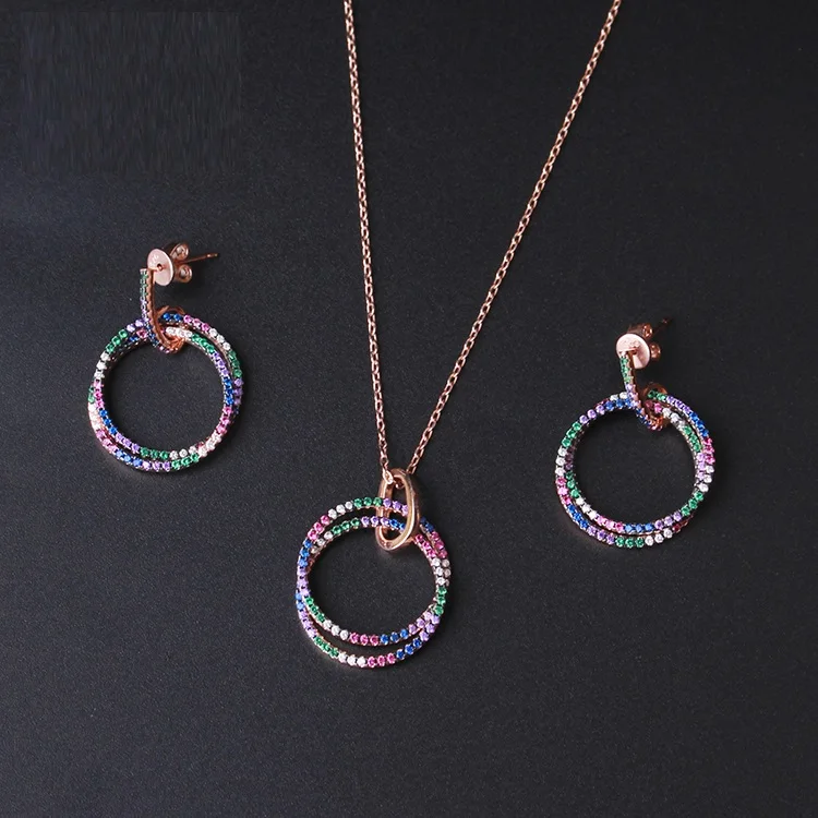 

floating circle charm pendant jewelry set rainbow multi color cz dangling earring Rose gold color necklace trendy women set
