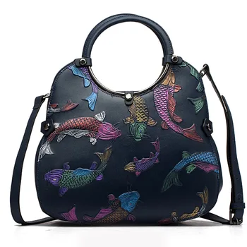 

Women Embossed Top Handle Bag Tote Handbag Female Vintage Red Fire Fish Real Genuine Leather Cross Body Messenger Shoulder Bags