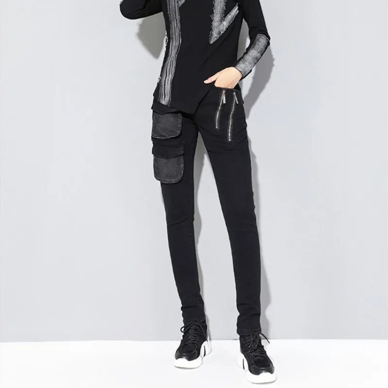 Новый 2019 Slim Fit сплошной черный высокая талия повседневное джинсы для женщин карманов застёжки молнии Punck брюки для девочек уличная мода
