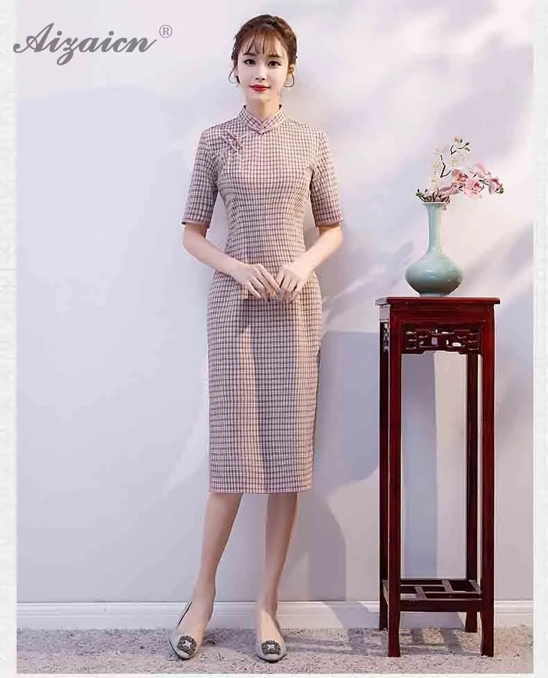 Розовый Qipao хлопок Cheongsam женское китайское традиционное платье восточные платья Chinoies решетки длинное платье