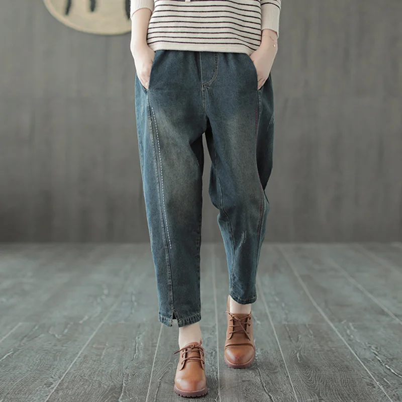 

Straight Pants Women Spring Denim Pants New Elastic Waist Pockets Trouser Blue Women Casual Ankle-Length Pants