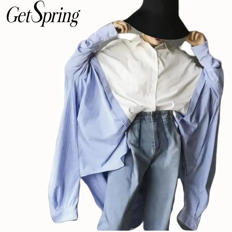 

GETSRING Women Shirt Irregular Color Matching Batwing Sleeve Cotton Women Blouses Asymmetry Plus Size Long Shirts Women 2019 New