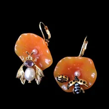 NEW Brand jewelry LES insect ladybird earrings for women, gold hoop earrings, enamel orange flower earrings