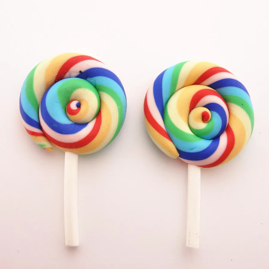 10pcs/lot 28*42MM Kawaii Soft Clay Rainbow Lollipop Cabochons Handmade Resin Material DIY Hair Bow Decorative