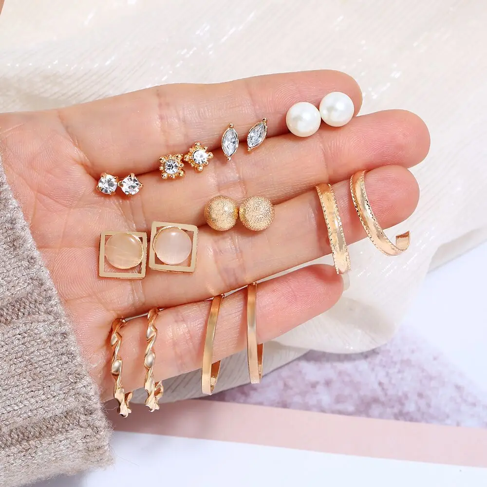 

Fashion Personality Creative All-match Ornament 9Pairs/Sets Rhinestone Flower Faux Pearl C-shaped Women Earrings Set Accessories