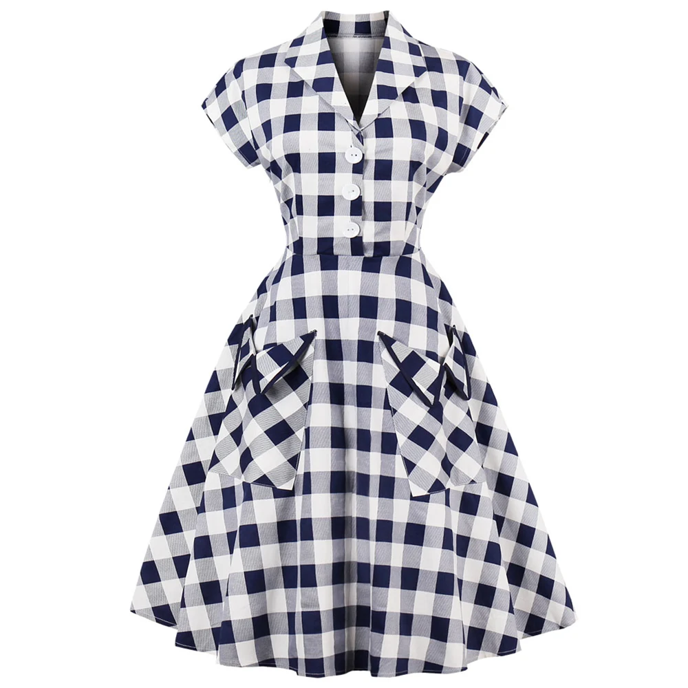 

Joineles 60s Audrey Hepburn Vintage Dress Plus Size 4XL Plaid Print Women Party Dress Elegant Swing Rockabilly Feminino Vestidos