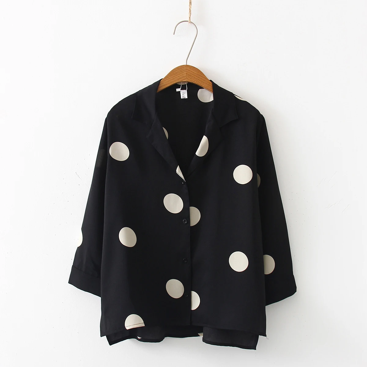 الكورية 2019 الصيف البولكا دوت المرأة الشيفون قميص الحلو بدوره أسفل طوق فضفاضة سبعة الربع كم النساء قمصان