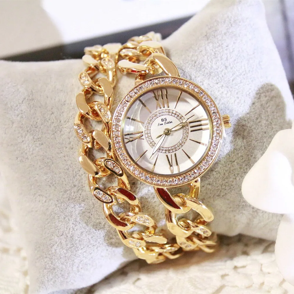 

New Arrival BS Brand French Double Chain Rome Diamond Bracelet Watch Women Luxury Austrian Crystals Watch Charm Bangle Bracelet