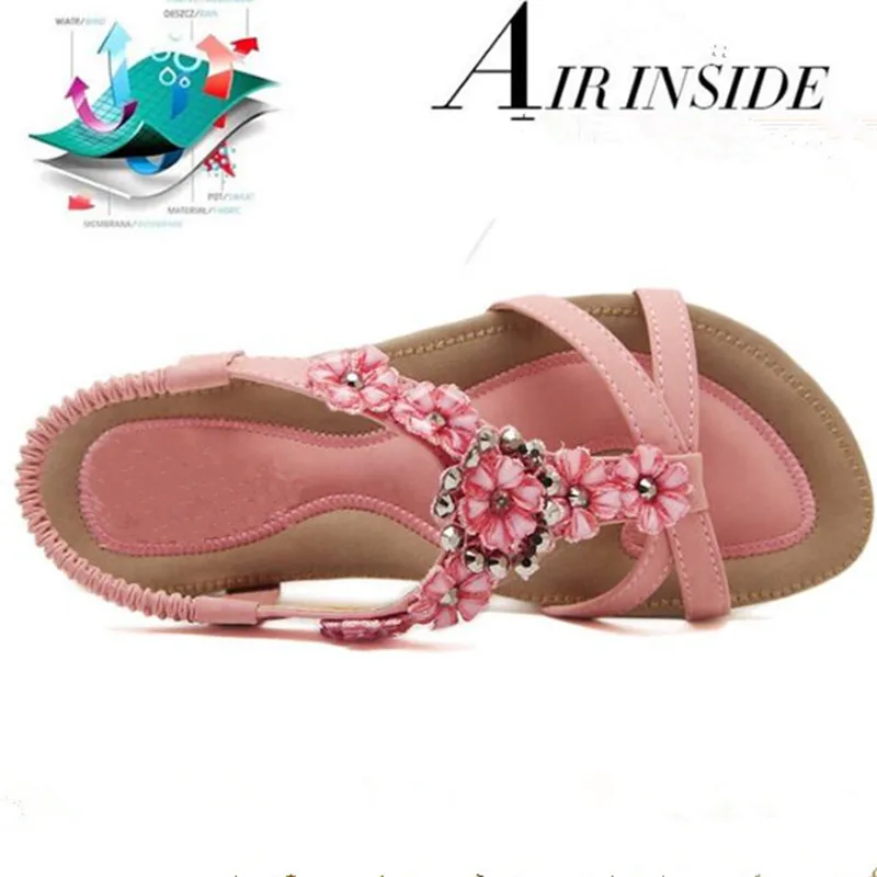 MVVJKE البوهيمي الصيف الأحذية الحلو إمرأة الزهور صندل مسطح جودة عالية الراين عارضة الشقق زائد حجم 35-42 Sandalias