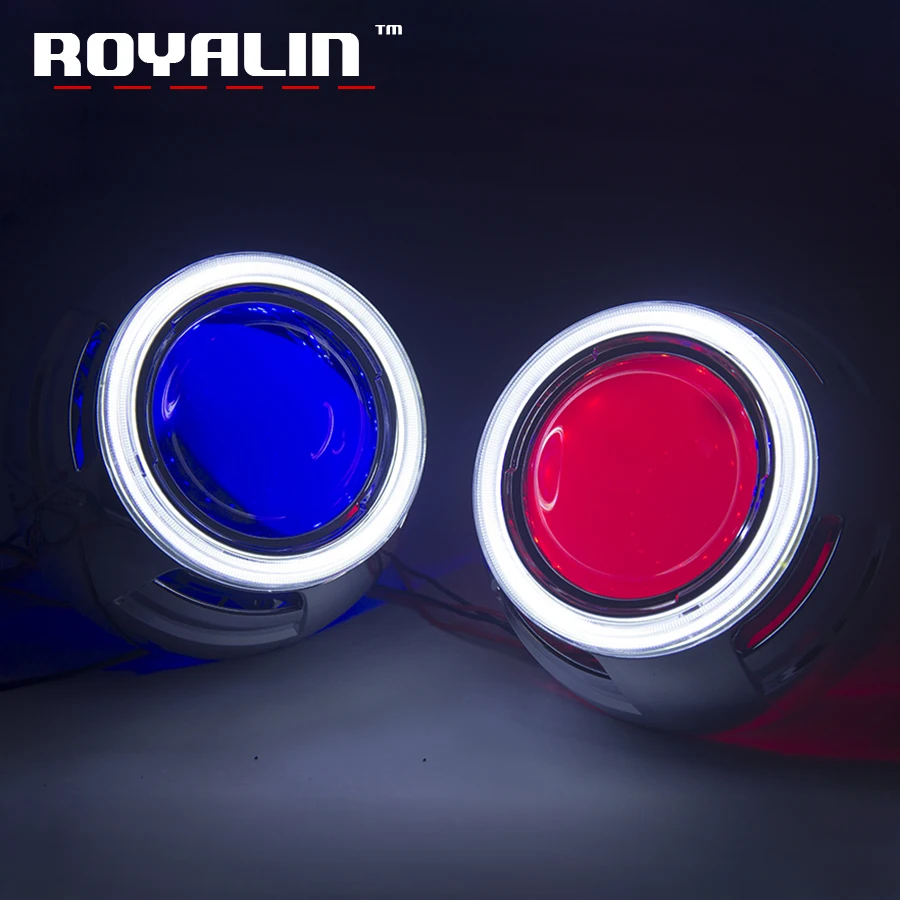 

ROYALIN Metal H1 Bi Xenon Lens with LED COB Angel Eyes 95mm Demon Car Styling Projector Lens H4 H7 Auto White Red Blue