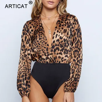 

Articat Leopard Print Deep V Neck Sexy Bodysuit Women Shirt Long Sleeve Rompers Womens Jumpsuit Casual Nightclub Party Overalls