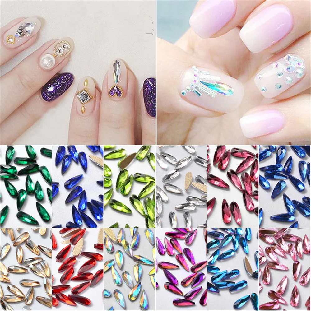 

10Pcs/Pack Flat Shaped Elongated Nail Art Rhinestones Teardrop Rectangle Glass Flame Colorful Stones For 3D Manicure Decorations