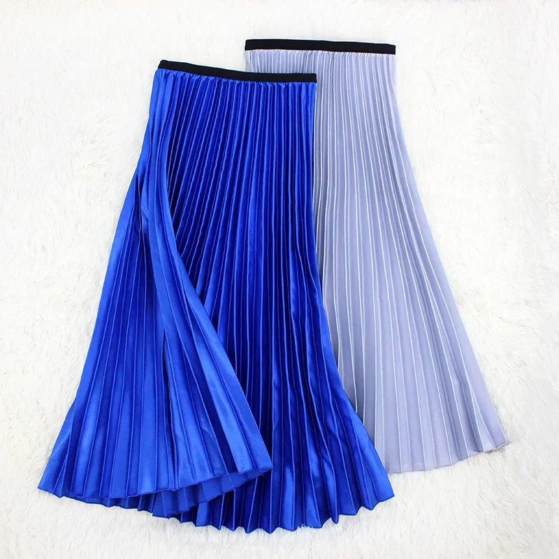 

Summer Women Skirt Pleated Metallic Solid Color Long Skirt Midi High Waist A-line Saia Faldas Mujer Moda 2019