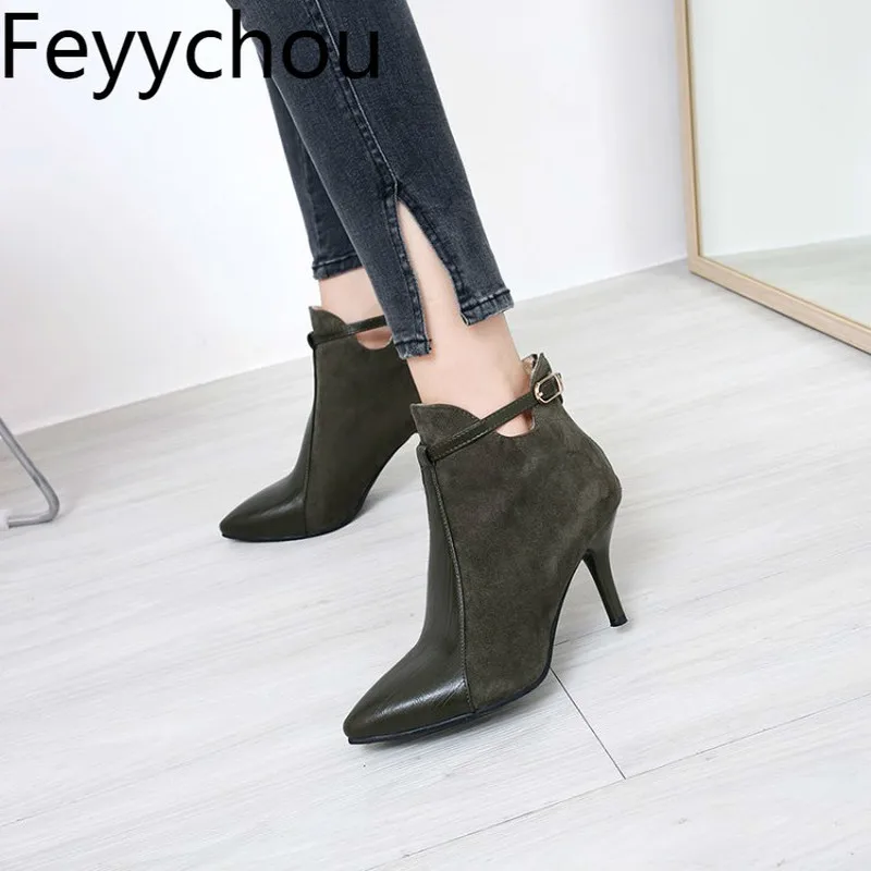 

Women Boots Autumn Winter High Heel Warm Pu Flock Pointed Toe Zip Ankle Chelsea Shoe 2018 New Sexy Fashion Casual Red Black