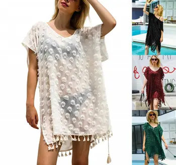 

Women Beachwear Swimwear Bikini Cover UP Solid Beach Dress Wear Tassel Summer Chiffon See-Through Bathing Suit Girls Beach Set