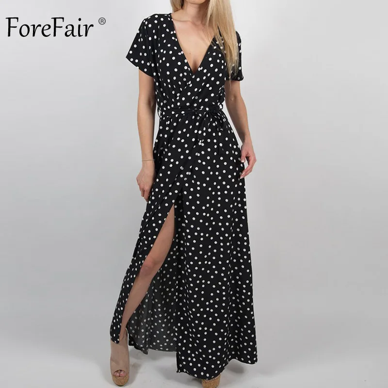 Forefair, платье в горошек, летнее, сексуальное, макси, ТРАПЕЦИЕВИДНОЕ, вечерние, Клубная туника, высокий разрез, элегантное, с принтом, ретро, Пляжное, богемное, длинное платье для женщин - Цвет: Black Dress