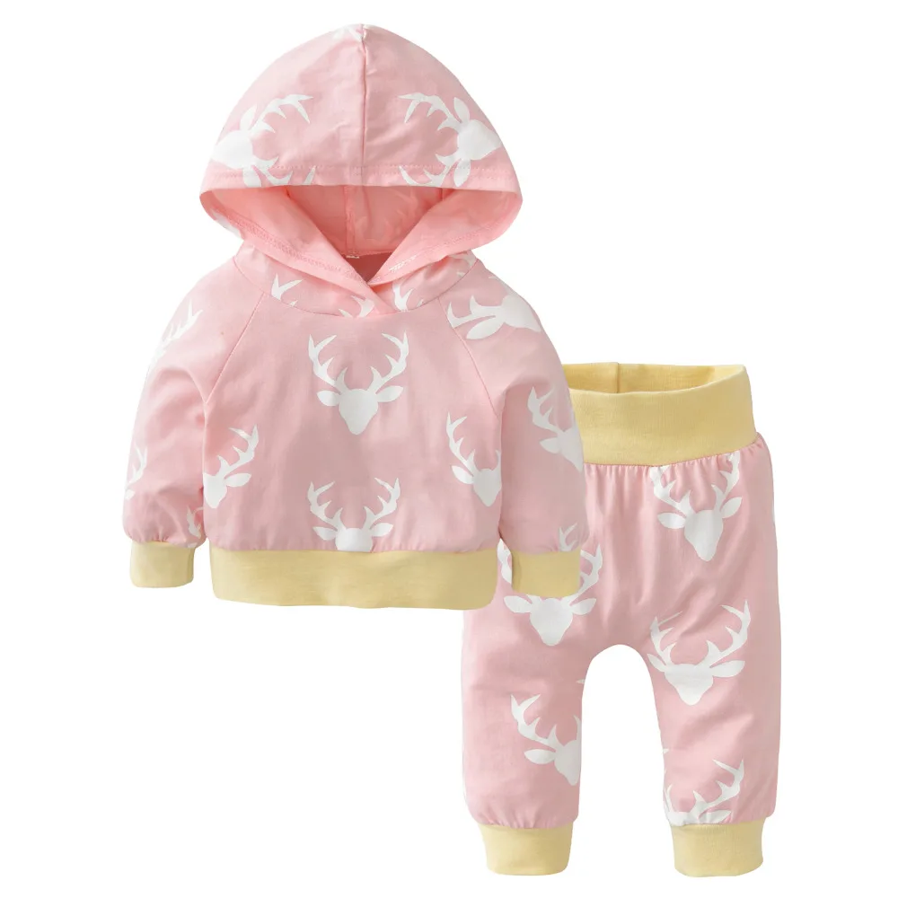 

Pink Newborn Baby Girls Clothes Fashion Deer Printing Hooded Top Pant 2pcs Autumn Winter Suit Infant Toddler Clothing Set