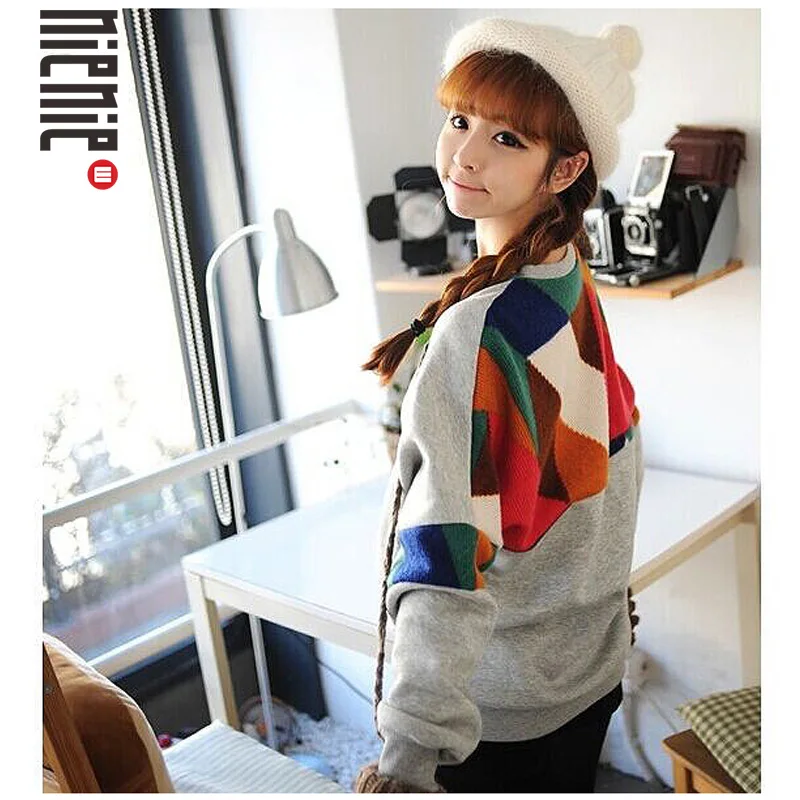 

2018 Autumn Long Sleeve Sweatshirt Patchwork Korean Tops New fashion Women Casual Sweatshirt Round Neck Long Sleeve Tops