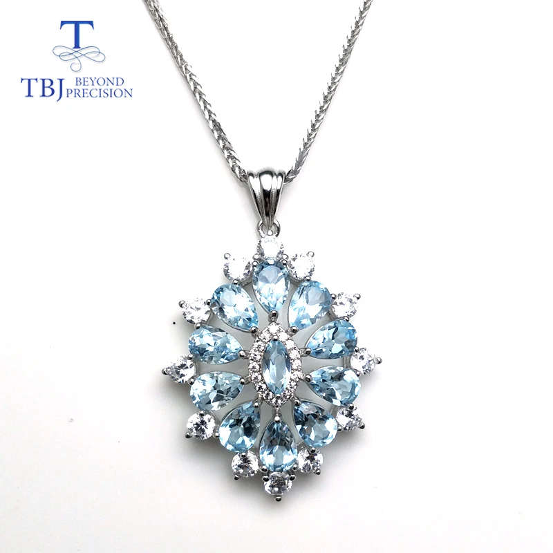 

TBJ,new flower pendant with natural sky blue topaz gemstone necklace in 925 sterling silver romantic jewelry gift for lady mom