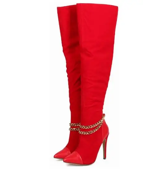 

2016 Newest Winter Warm Women Fashion Boots Red Brown Black Closed Toe Metal Chain Over the Knee Thigh High Stiletto Heel Boots