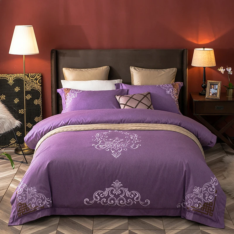 

Home Textile Colored Cotton 4pcs Bedding Sets Solid Color Embroidered Duvet Cover Pillow Cover Bed Sheet Bed Linings