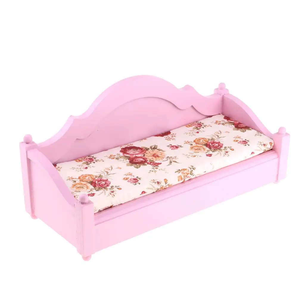 

European Style 1/6 Dollhouse Miniatures Couch Dollhouse Sofa Furniture Solid Wooden Floral Pattern Single Bed Toy Crafts