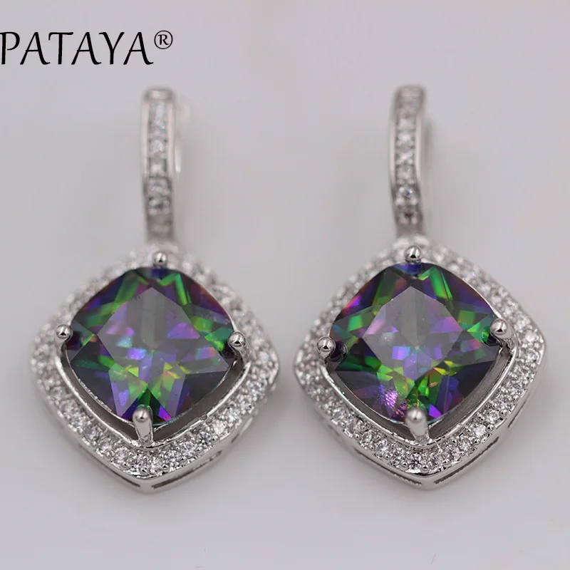 

PATAYA Original Design AB Multicolor Rhombus Natural Zircon Earrings True White Gold Hollow Dangle Earrings Wedding Jewelry