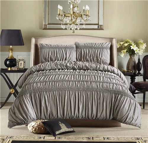 

Brief White Grey Princess Ruched Duvet Cover Set Pinch Pleat 3/4pcs Queen Size Bedclothes Bedding Sets (No filling No sheet)