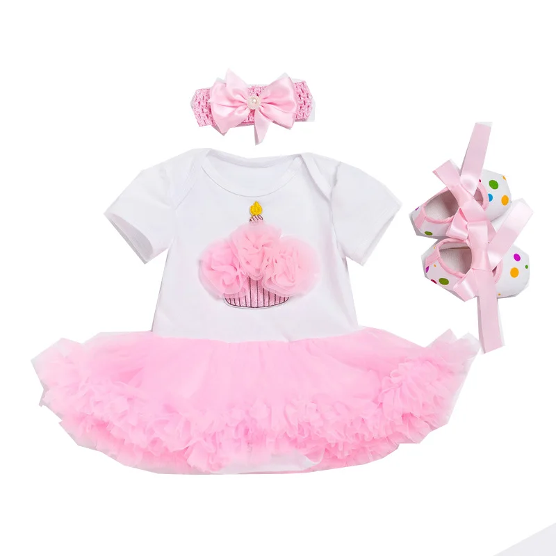 Baby Girl Dress 3PCs Clothing Sets Birthday Costume Romper Newborn Baby Clothing Pink Flower Dress Infant Outfits Headband Shoes