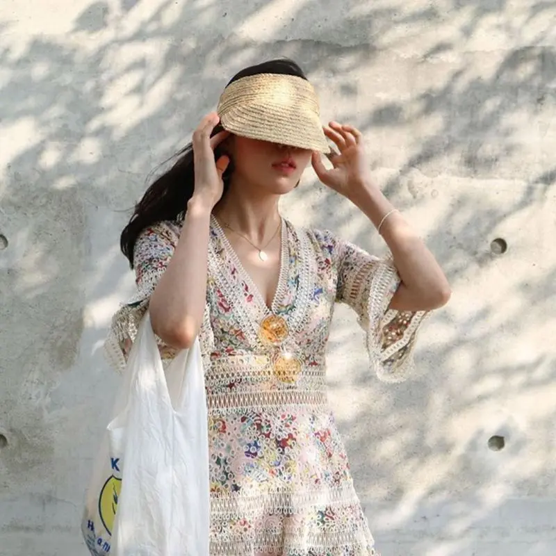 Женская летняя соломенная шляпа с козырьком из рафии ручной работы, с широкими полями, с защитой от ультрафиолета, регулируемая складная пляжная кепка