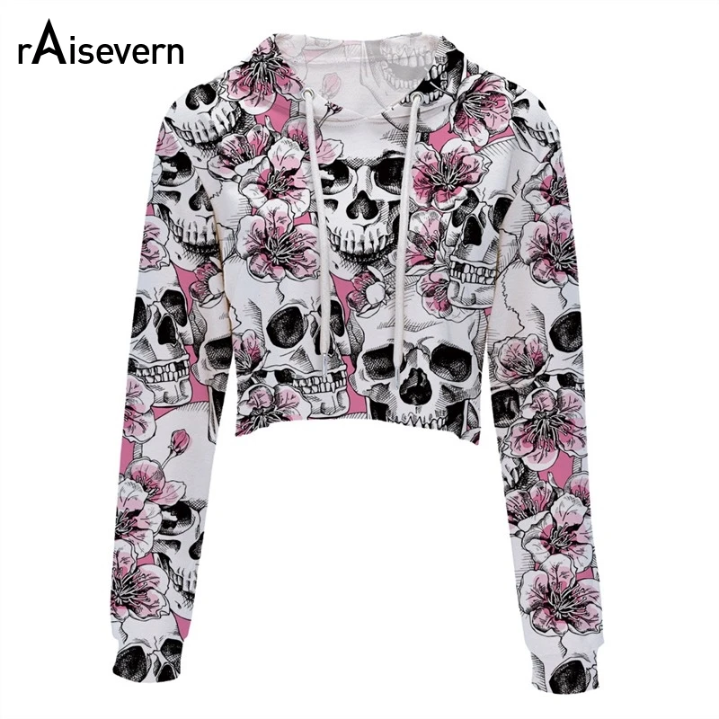 

Raisevern New Skull Flowers Women's Hoodies Round Neck Thin Sweatshirt Casual Pullovers Harajuku Ladies Cropped Tops Dropship
