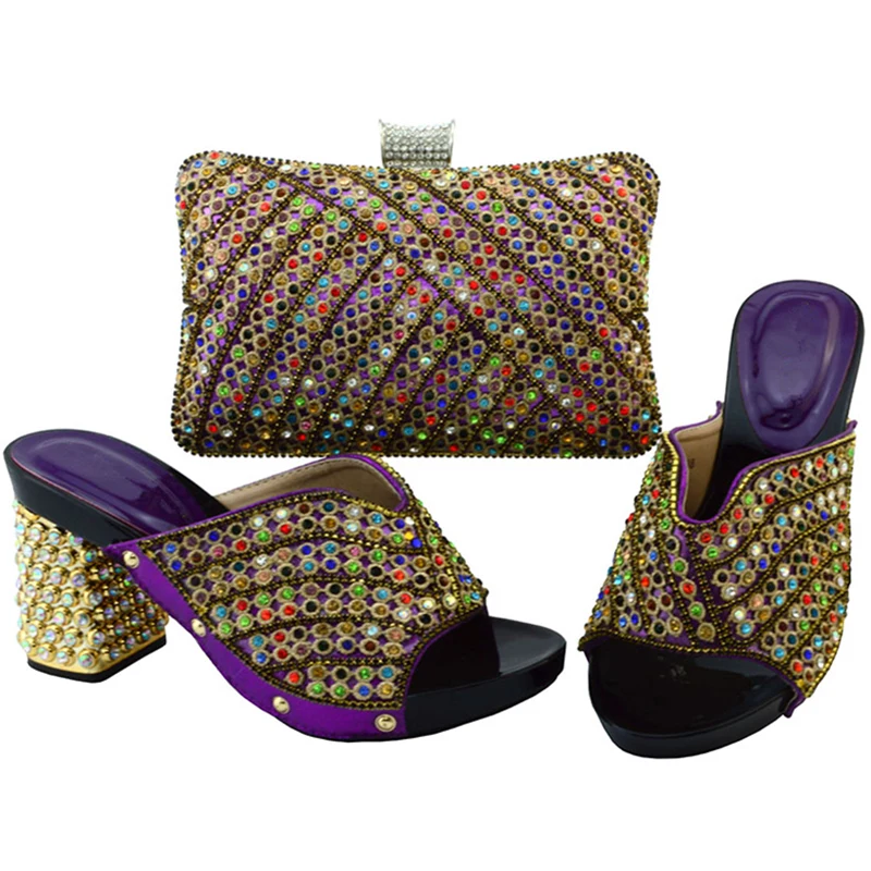 Bolso Las Nigeriano Zapatos Señoras Mujeres verde De Negro Rhinestone Oro Bolsa Conjunto Color púrpura Italianas Y Real rojo Sistemas Con oro Del Set azul Decorado Fwq56