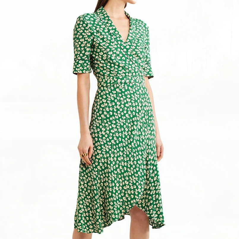 2019 Summer Women Green Midi Dress Ladies Floral Wrap Dresses Robe ...