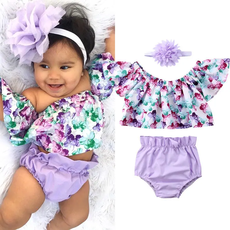 

2019 New Newborn Baby Girl Clothes Set Off Shoulder Floral Tank Tops Shorts Briefs Headbands 3pcs Outfit Summer Clothing 0-24M