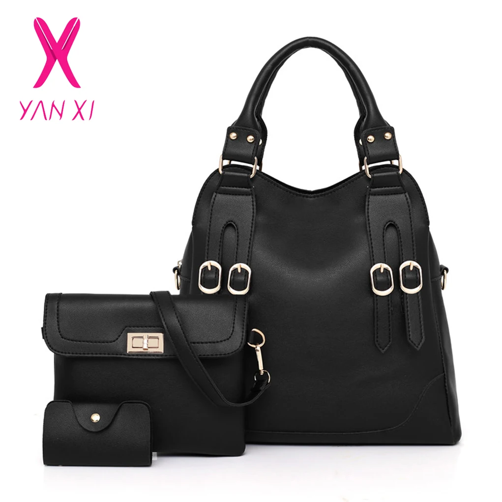 YANXI 3pcs Black Leather Tote Bag Female Shoulder Bag Handbags Women Famous Brand Women Messenger Bag Set Bolsas Feminina
