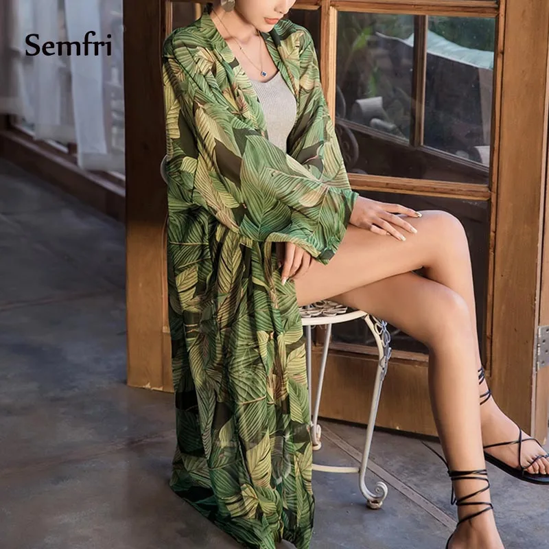 Длинный Цветочный кардиган кимоно Semfri женская зеленая шифоновая блузка Женская