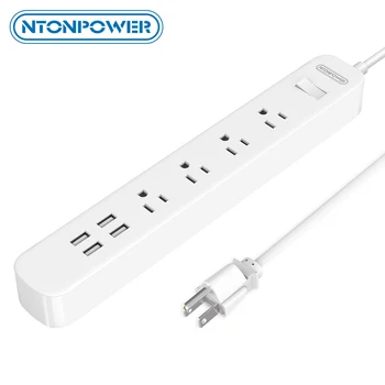 

NTONPOWER ODPC USB Surge Protector Power Strip US Plug 4 AC Outlet 4 USB Charging Port with Overload Switch-Long Power Cord 1.5M