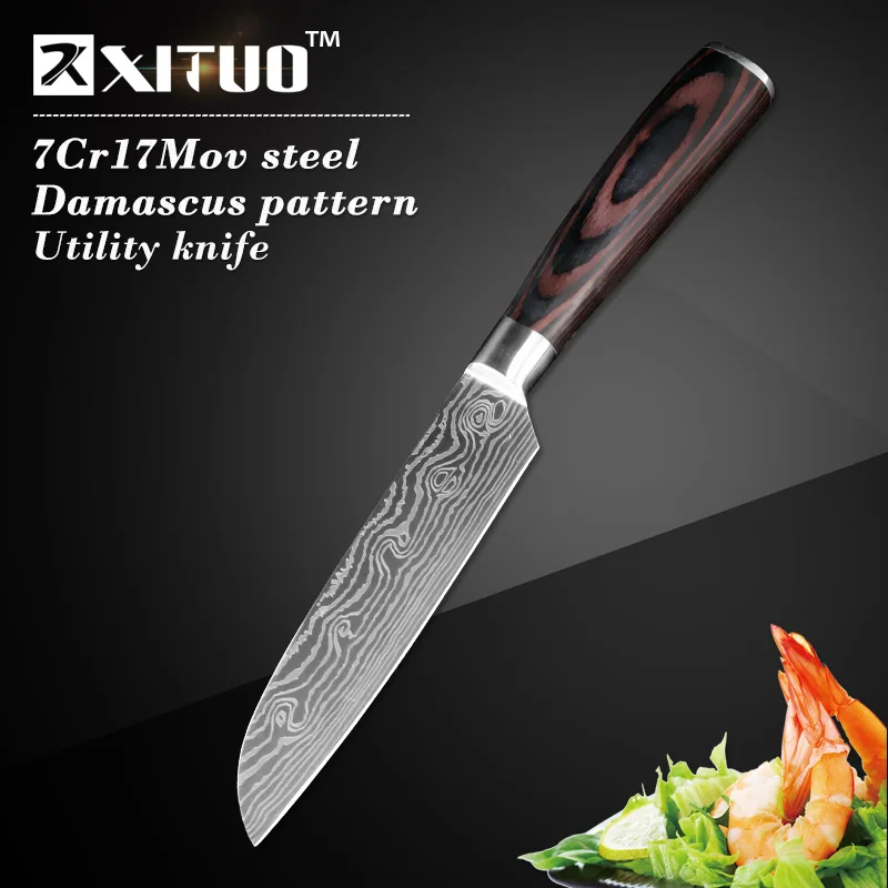 XITUO 5PCS Messenset Pakka Kitchen Knives Japanese Damascus Steel Pattern Chef Knife Santoku Paring Santoku Slicing Utility Tool