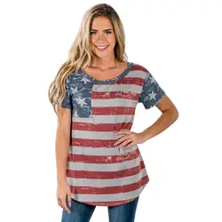 Новинка 2017 года тенденция Рубашка в полоску Для женщин футболка с принтом Американский Флаг Тема Сексуальная футболка с короткими