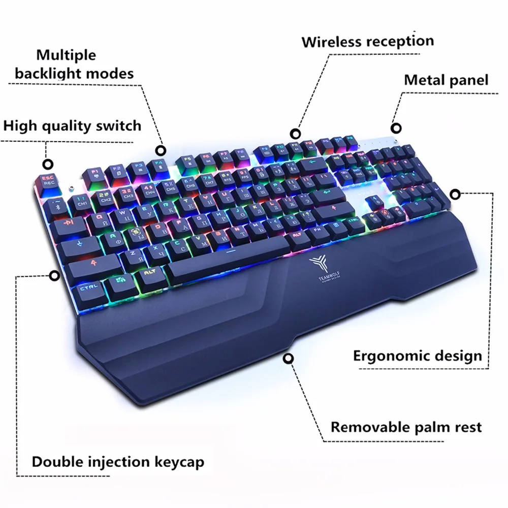 Bluetooth Беспроводная игровая механическая клавиатура светодиодный RGB с подсветкой Teclado Anti-ghosting для геймера телефона ipad ПК Русский Английский