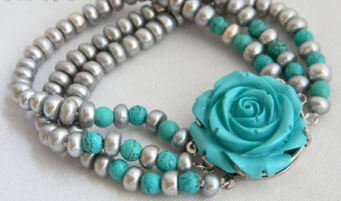 

shitou 00727 Strands 8'' 7.5mm Gray Flat Round Freshwater Pearl Turquoise Bracelet