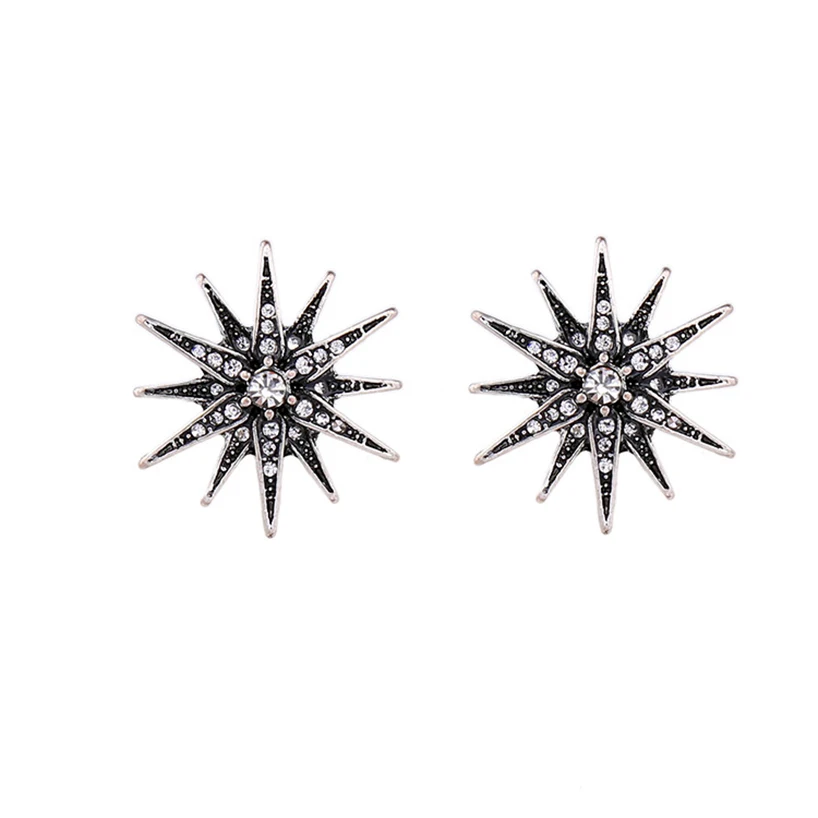 

Radiant Star Motif Art Deco Starburst Stud Earring Vintage Silver Color Crystal Flower