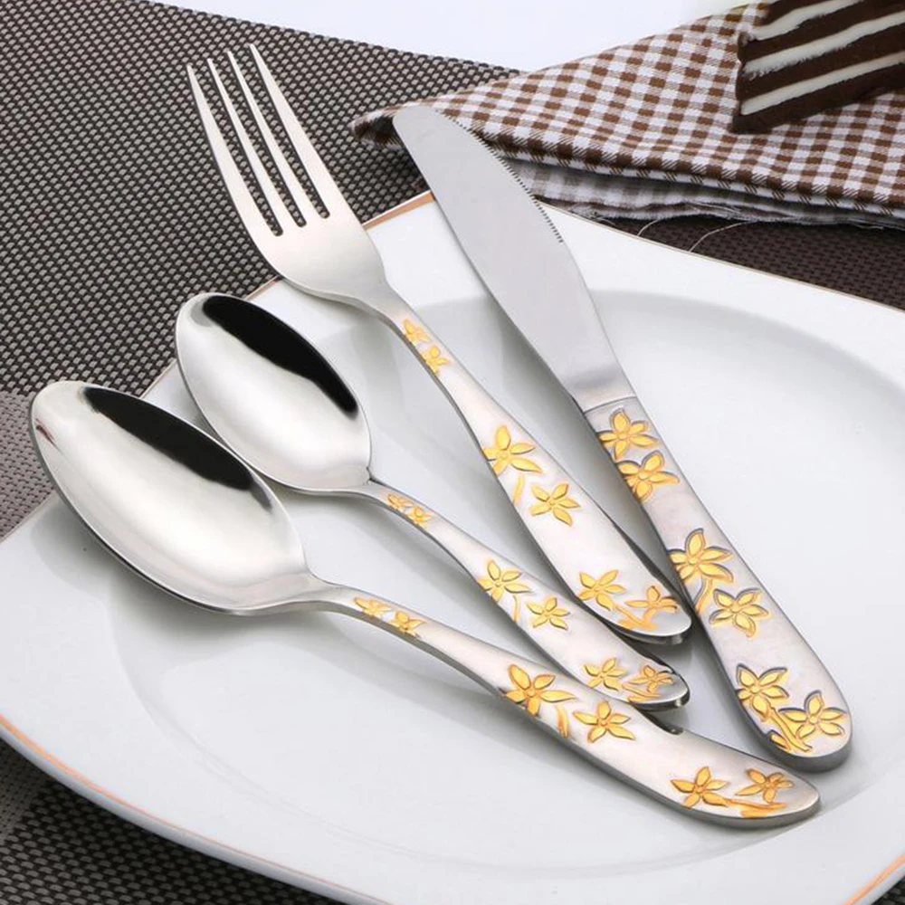 Gold Cutlery Set Stainless Steel Golden Flower Dinnerware Set of Spoons