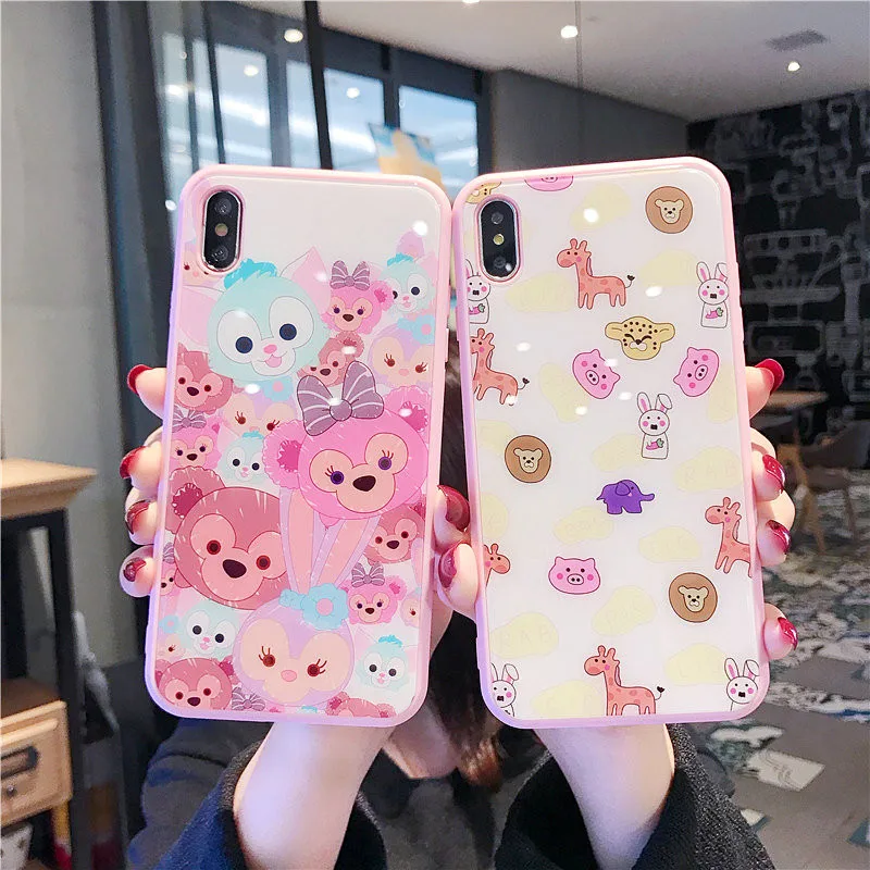 Girly Pink Edge Tempered Glass Cover for Iphone Xr Case Cute Cartoon