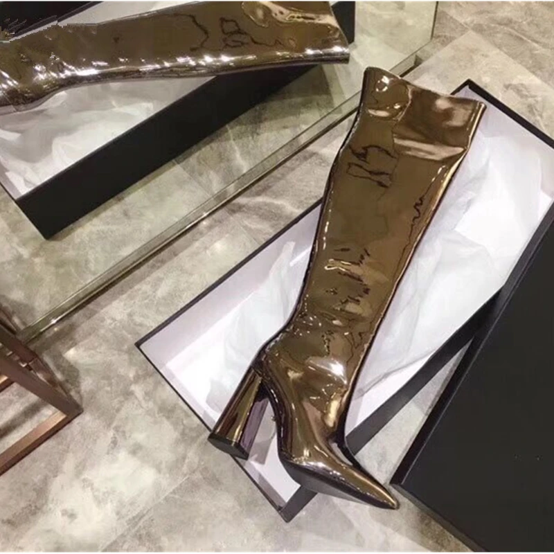 

Patent leather Woman Long Boots Runway Chunky High Heels Pointed Toe Women Over The Knee Boots Party Dress Shoes zapatos de muje
