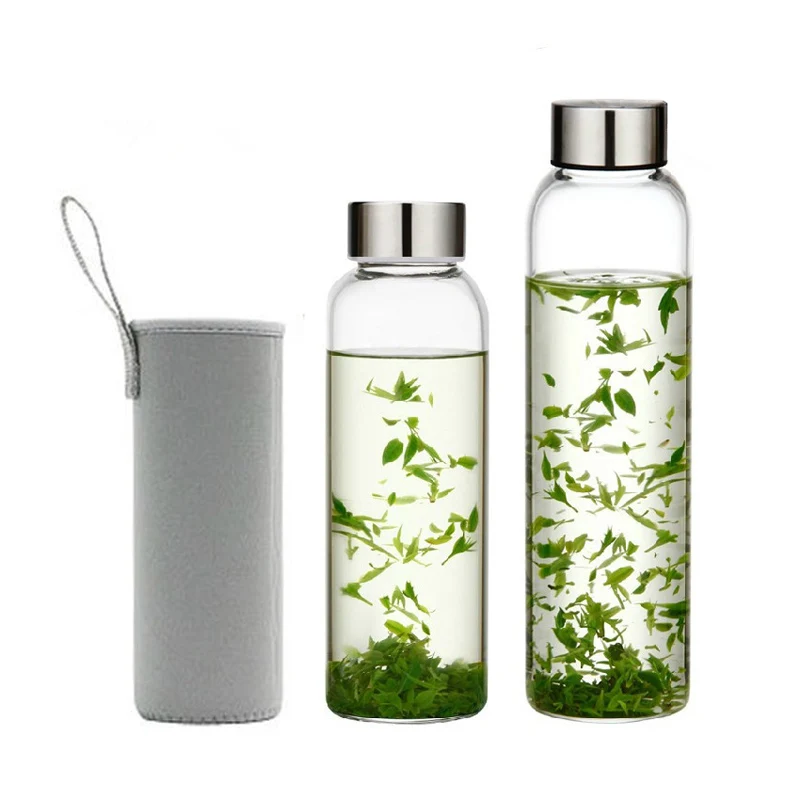 UPORS Glass Water Bottle 280ml/360ml/550ml Sport Bottle with Stainless Steel Lid and Protective Bag BPA Free Travel Drink