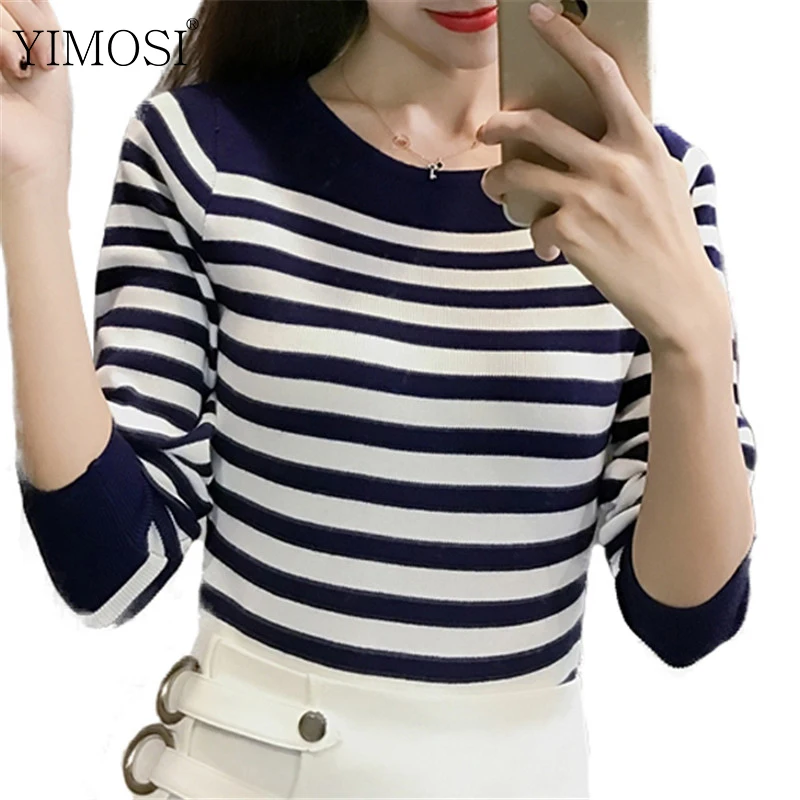 

2019 Autumn Winter Striped Sweater Tops Casual Long Sleeve Slash Neck Knitted Pullovers Plus Size Female Slim Knitted Sweater