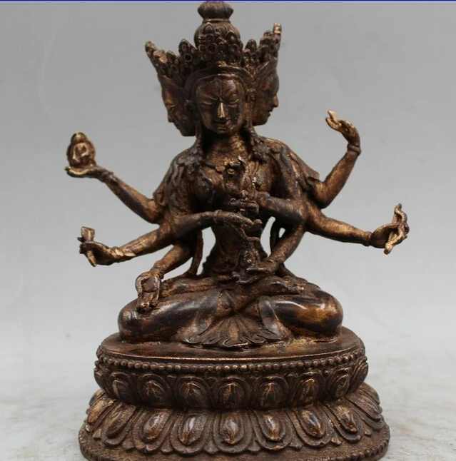 

6" Old Tibet Bronze Seat 3 Head 8 Arms Namgyalma & Ushnishavijaya Buddha Statue R0715